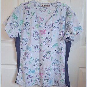 Green Town XL Blue Multicolor Short Sleeve Scrubs Top Owls Hearts